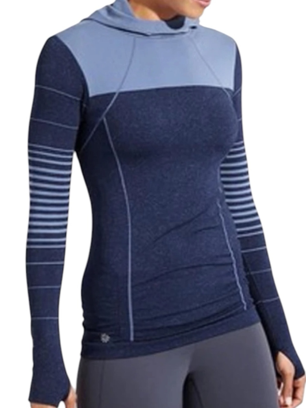 Athleta Two-Tone Blue Fastest Track Seamless Ruched Hoodie with Thumb Holes Med